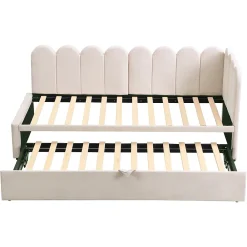 Lit 90x200 cm en velours beige, convertible en 180x200 cm, forme en L avec dossier rembourré><noscript><img width=