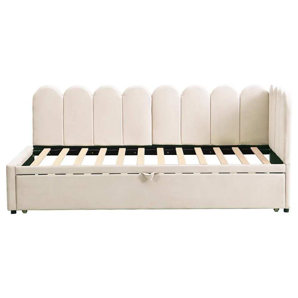 Lit 90x200 cm en velours beige, convertible en 180x200 cm, forme en L avec dossier rembourré>Redom Sale