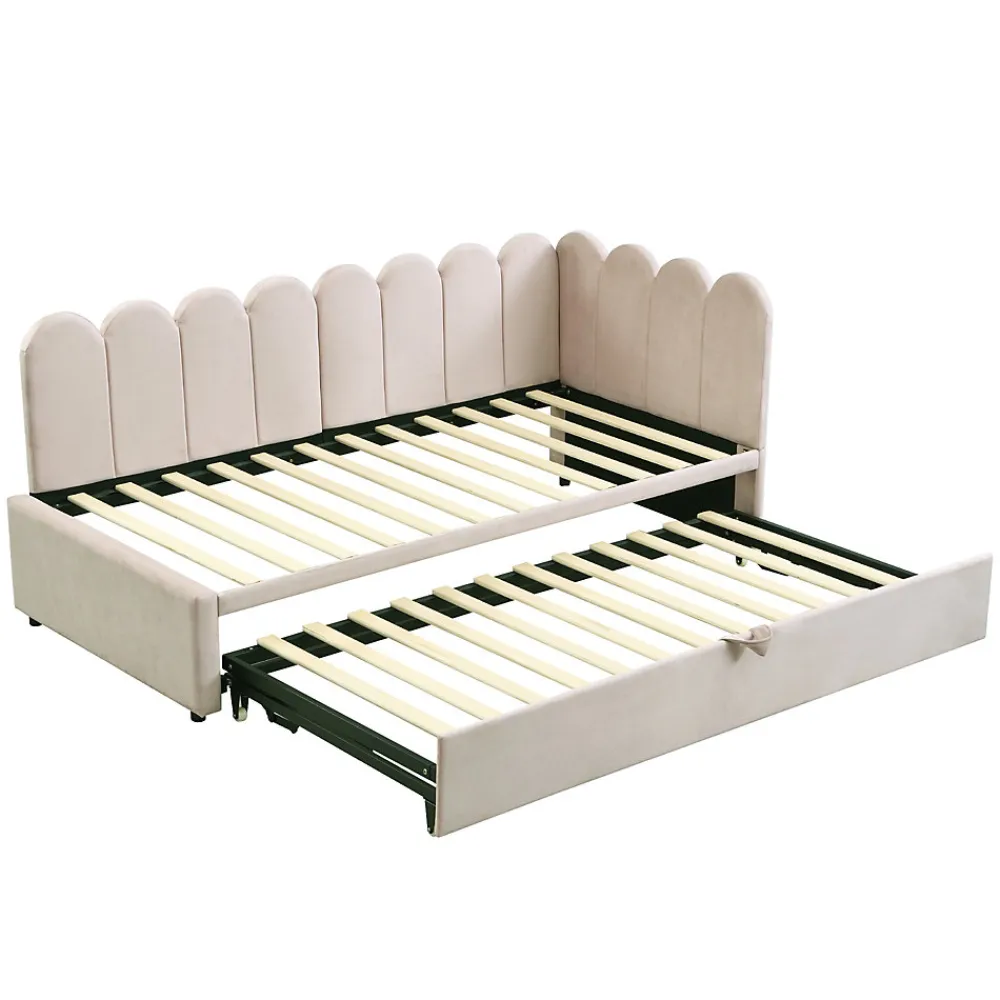 Lit 90x200 cm en velours beige, convertible en 180x200 cm, forme en L avec dossier rembourré>Redom Sale