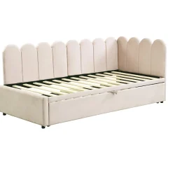 Lit 90x200 cm en velours beige, convertible en 180x200 cm, forme en L avec dossier rembourré><noscript><img width=