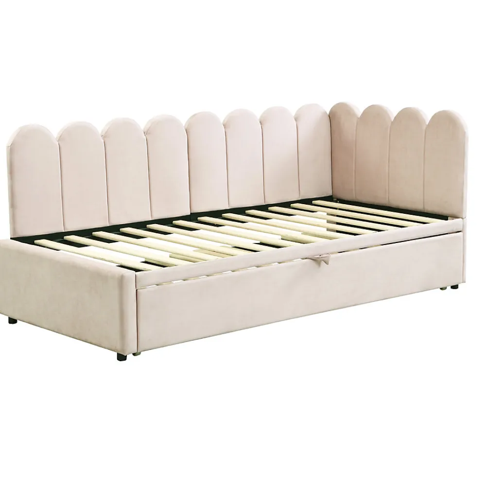 Lit 90x200 cm en velours beige, convertible en 180x200 cm, forme en L avec dossier rembourré>Redom Sale