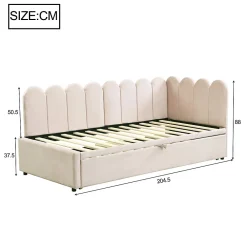 Lit 90x200 cm en velours beige, convertible en 180x200 cm, forme en L avec dossier rembourré><noscript><img width=