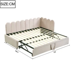 Lit 90x200 cm en velours beige, convertible en 180x200 cm, forme en L avec dossier rembourré><noscript><img width=