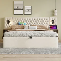 Lit 180x200 cm en velours beige, tête de lit rembourrée et rangement hydraulique avec tables de chevet>Redom Online