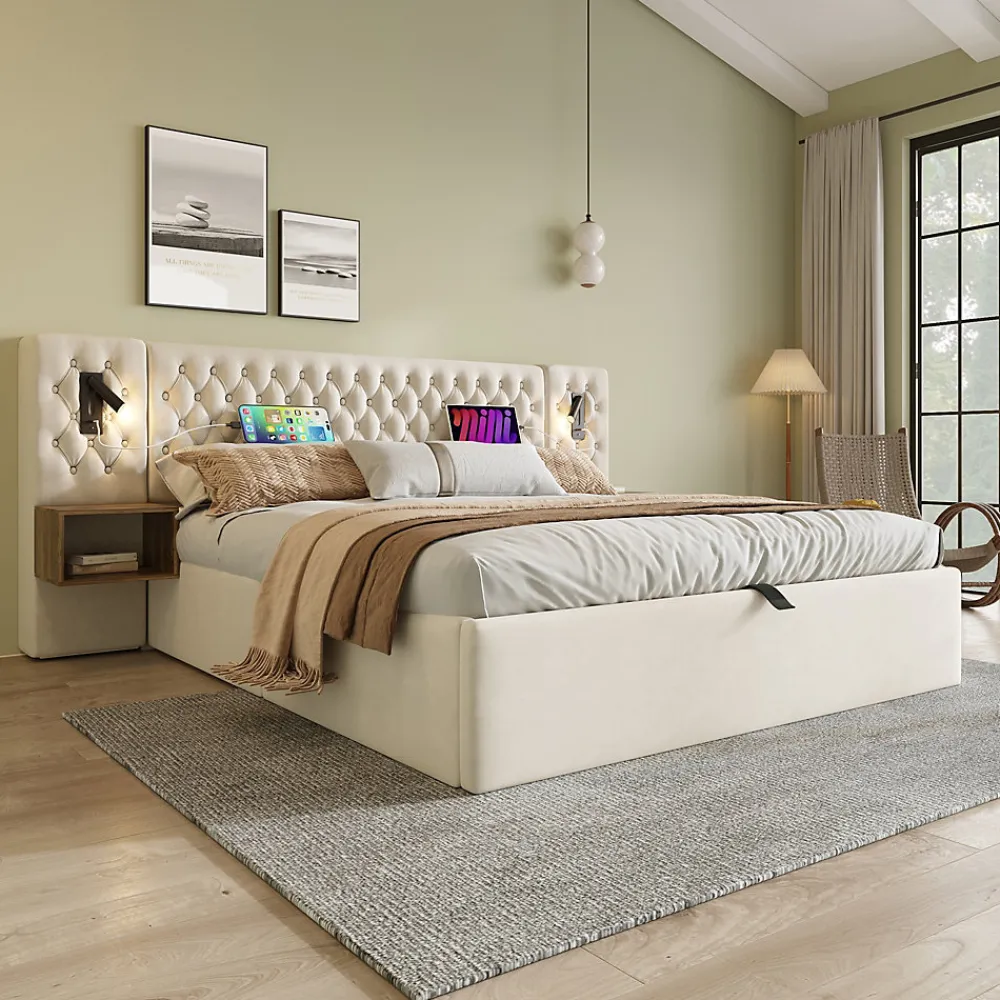 Lit 180x200 cm en velours beige, tête de lit rembourrée et rangement hydraulique avec tables de chevet>Redom Online