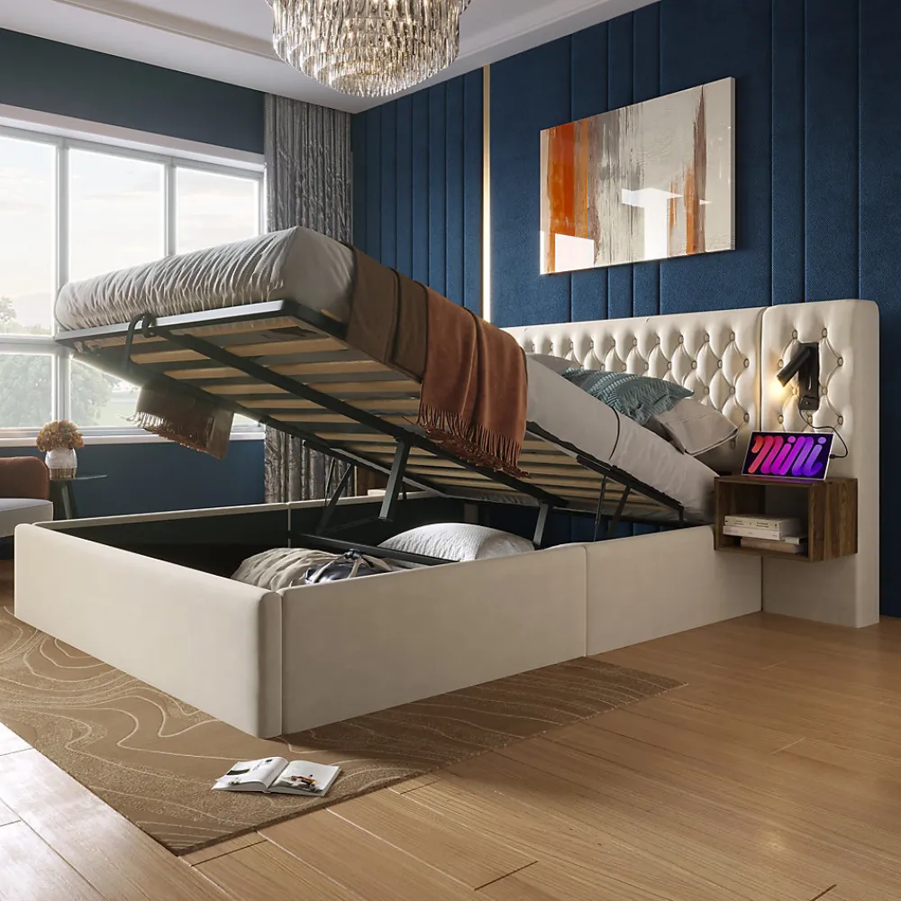 Lit 180x200 cm en velours beige, tête de lit rembourrée et rangement hydraulique avec tables de chevet>Redom Online