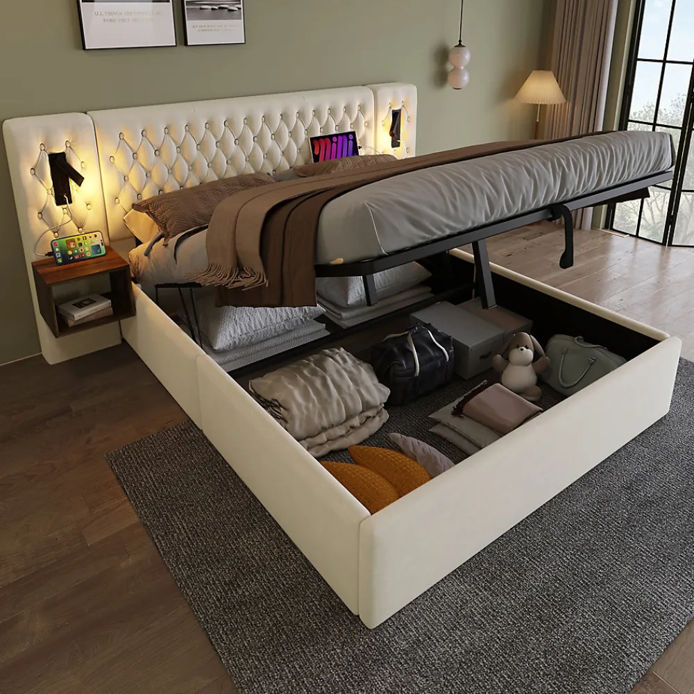 Lit 180x200 cm en velours beige, tête de lit rembourrée et rangement hydraulique avec tables de chevet>Redom Online