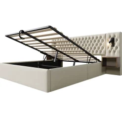 Lit 180x200 cm en velours beige, tête de lit rembourrée et rangement hydraulique avec tables de chevet><noscript><img width=
