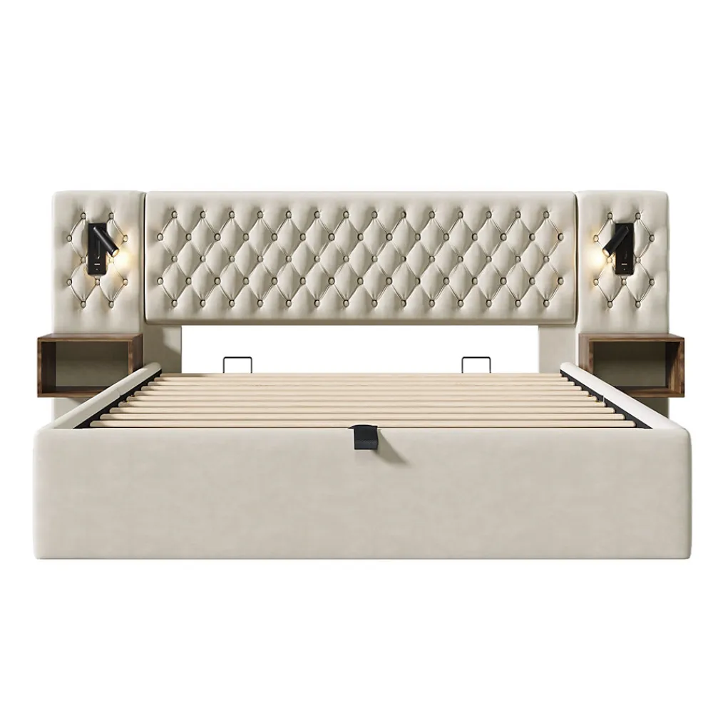 Lit 180x200 cm en velours beige, tête de lit rembourrée et rangement hydraulique avec tables de chevet>Redom Online