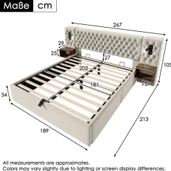 Lit 180x200 cm en velours beige, tête de lit rembourrée et rangement hydraulique avec tables de chevet><noscript><img width=
