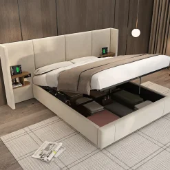 Redom Lit 160x200 cm en velours beige avec rangement hydraulique, 2 tables de chevet et prises USB* Lit Avec Rangement
