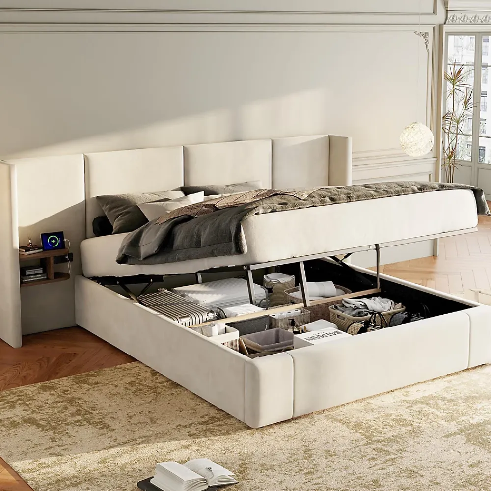 Redom Lit 160x200 cm en velours beige avec rangement hydraulique, 2 tables de chevet et prises USB* Lit Avec Rangement