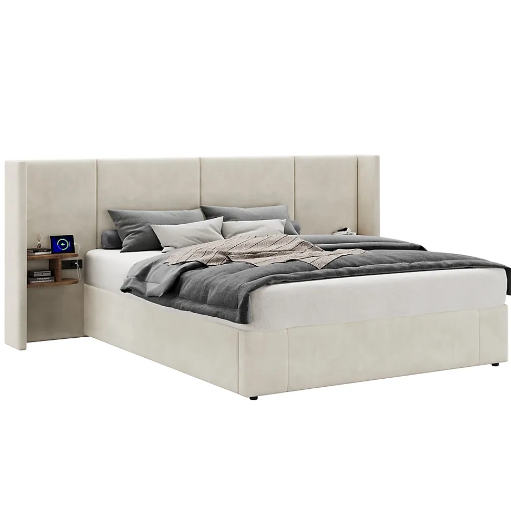 Redom Lit 160x200 cm en velours beige avec rangement hydraulique, 2 tables de chevet et prises USB* Lit Avec Rangement