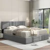 Lit 140x190 cm en velours gris avec rangement hydraulique, tête de lit réglable et finition rayée élégante>Redom