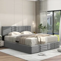 Lit 140x190 cm en velours gris avec rangement hydraulique, tête de lit réglable et finition rayée élégante>Redom