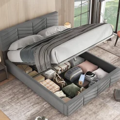 Lit 140x190 cm en velours gris avec rangement hydraulique, tête de lit réglable et finition rayée élégante>Redom