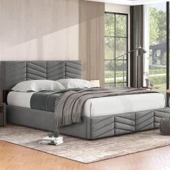 Lit 140x190 cm en velours gris avec rangement hydraulique, tête de lit réglable et finition rayée élégante><noscript><img width=