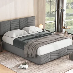 Lit 140x190 cm en velours gris avec rangement hydraulique, tête de lit réglable et finition rayée élégante><noscript><img width=