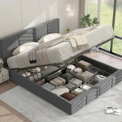 Lit 140x190 cm en velours gris avec rangement hydraulique, tête de lit réglable et finition rayée élégante><noscript><img width=