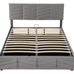Lit 140x190 cm en velours gris avec rangement hydraulique, tête de lit réglable et finition rayée élégante><noscript><img width=