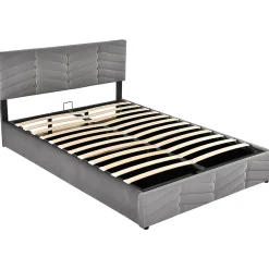 Lit 140x190 cm en velours gris avec rangement hydraulique, tête de lit réglable et finition rayée élégante><noscript><img width=