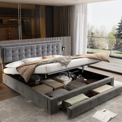 Lit 180x200 cm en velours gris avec grand coffre de rangement et tête de lit réglable, style européen élégant>Redom Sale