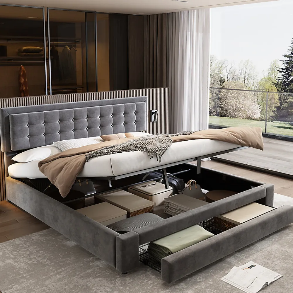 Lit 180x200 cm en velours gris avec grand coffre de rangement et tête de lit réglable, style européen élégant>Redom Sale