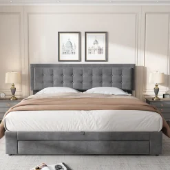 Lit 180x200 cm en velours gris avec grand coffre de rangement et tête de lit réglable, style européen élégant>Redom Sale