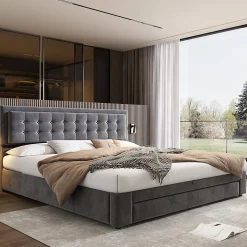 Lit 180x200 cm en velours gris avec grand coffre de rangement et tête de lit réglable, style européen élégant><noscript><img width=