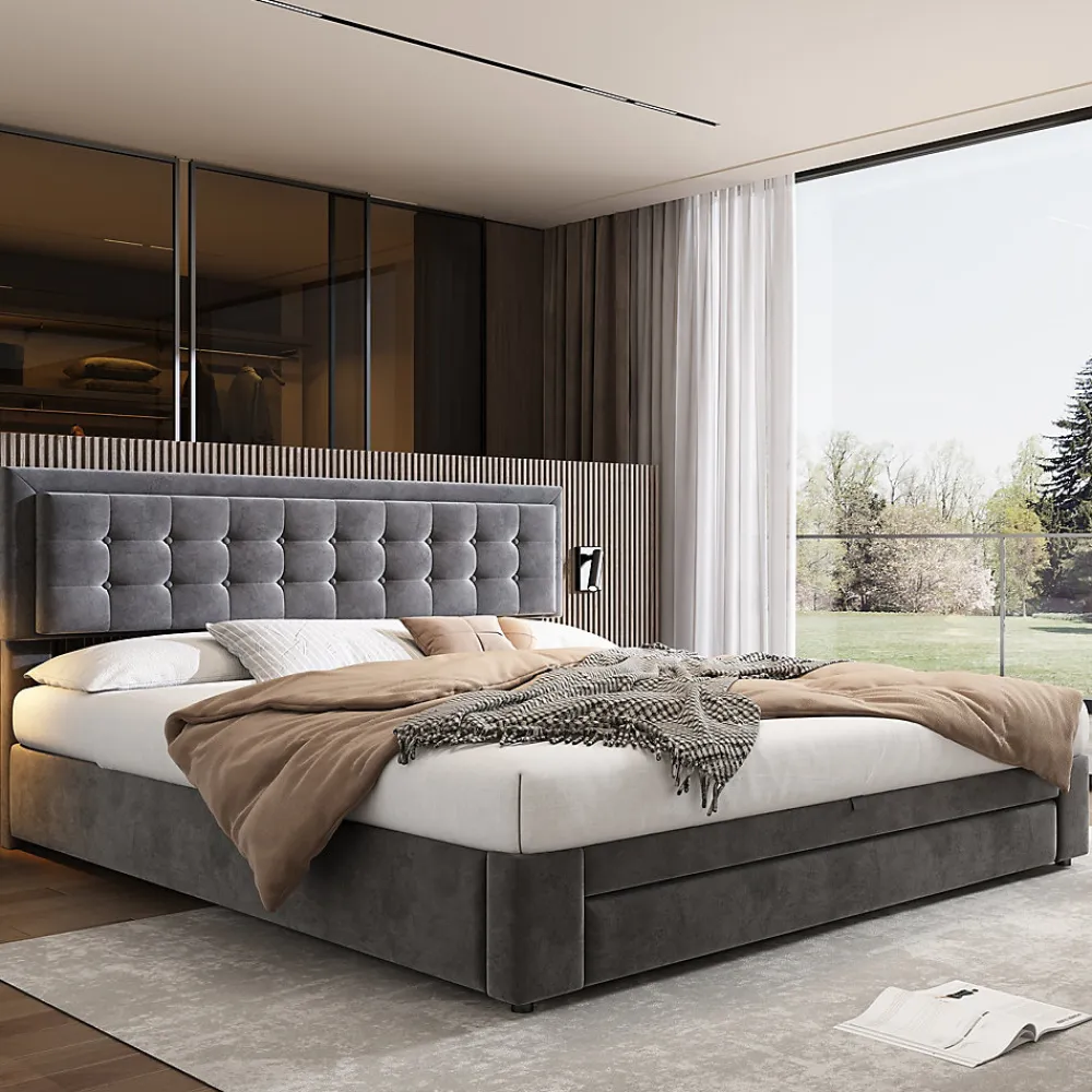 Lit 180x200 cm en velours gris avec grand coffre de rangement et tête de lit réglable, style européen élégant>Redom Sale