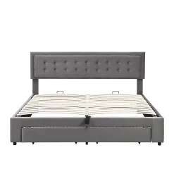 Lit 180x200 cm en velours gris avec grand coffre de rangement et tête de lit réglable, style européen élégant><noscript><img width=