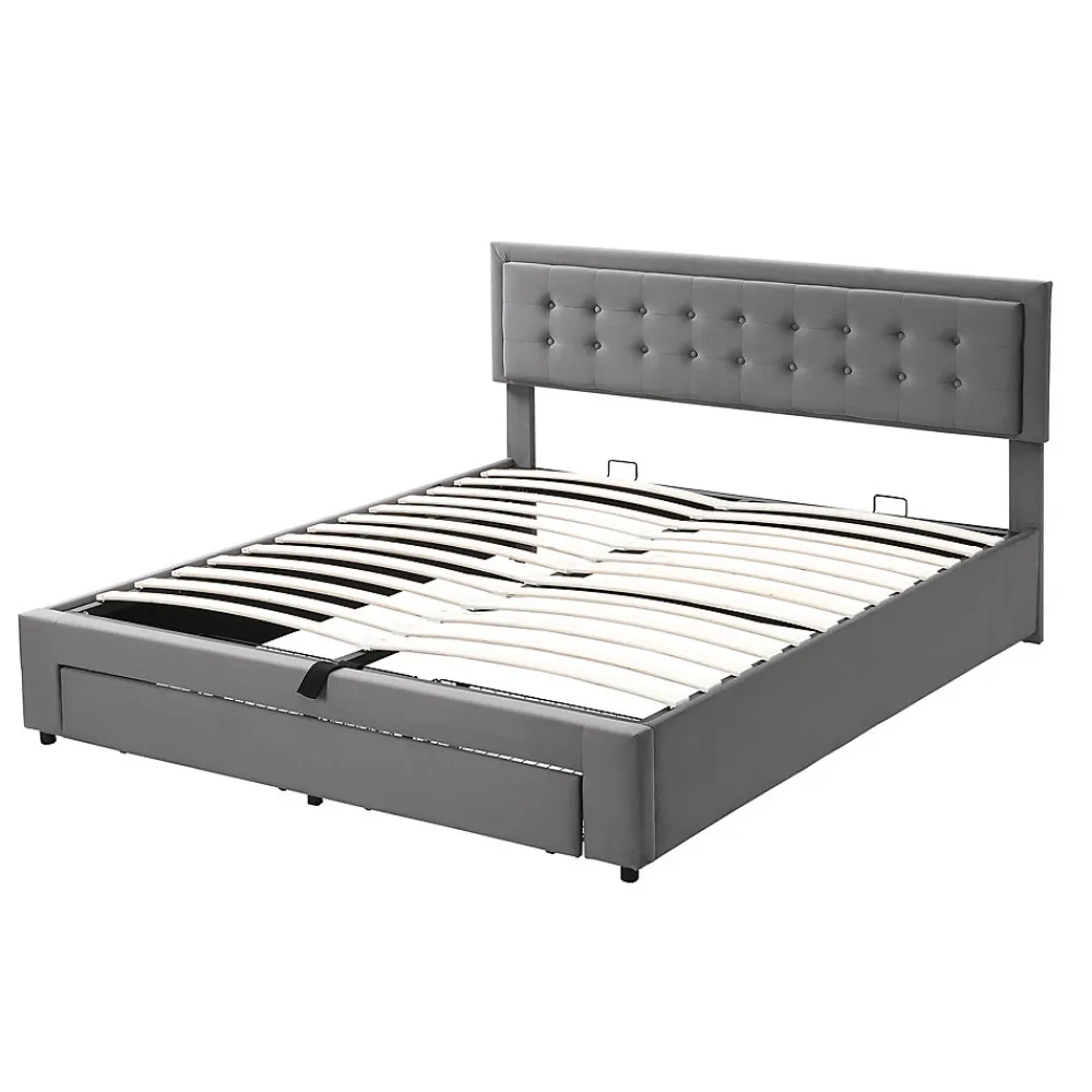 Lit 180x200 cm en velours gris avec grand coffre de rangement et tête de lit réglable, style européen élégant>Redom Sale