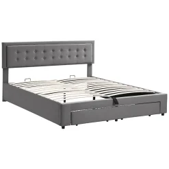 Lit 180x200 cm en velours gris avec grand coffre de rangement et tête de lit réglable, style européen élégant><noscript><img width=