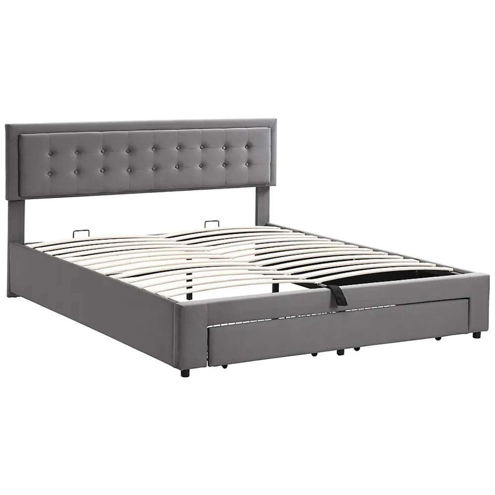 Lit 180x200 cm en velours gris avec grand coffre de rangement et tête de lit réglable, style européen élégant>Redom Sale