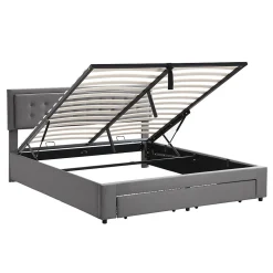Lit 180x200 cm en velours gris avec grand coffre de rangement et tête de lit réglable, style européen élégant><noscript><img width=