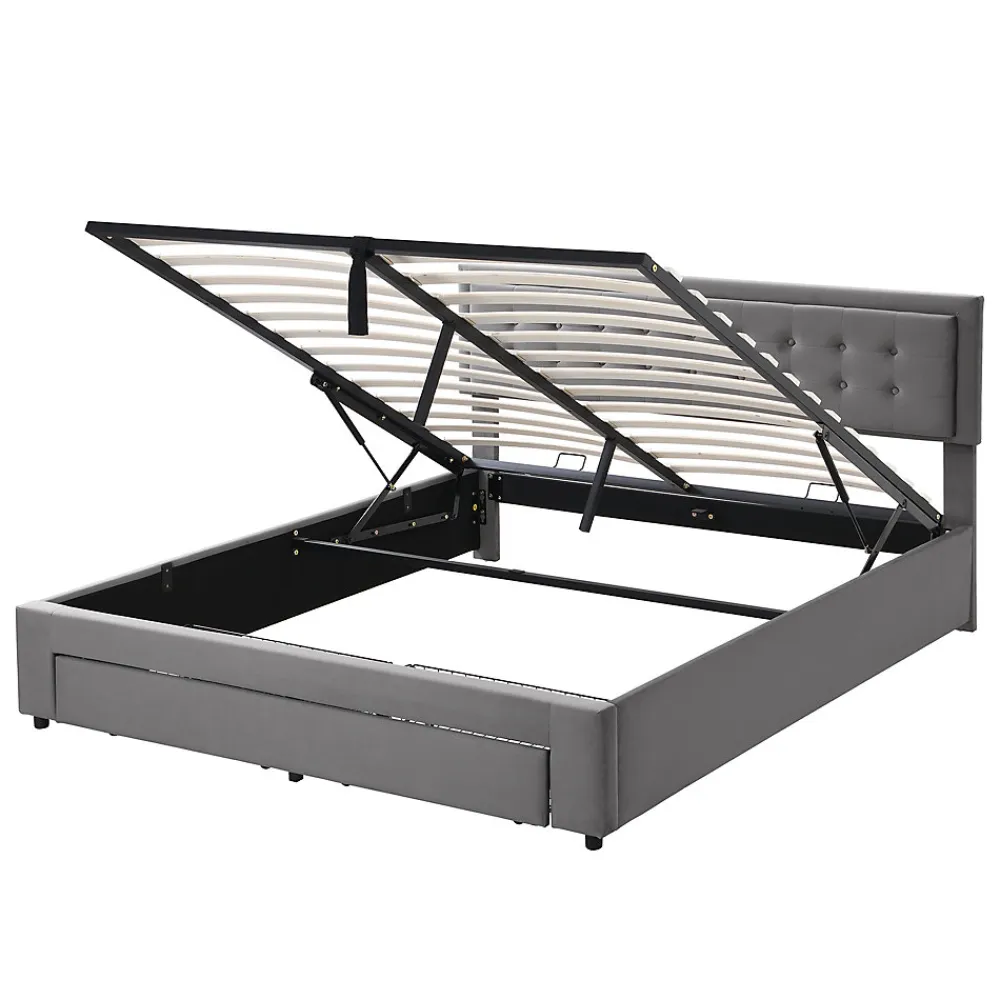 Lit 180x200 cm en velours gris avec grand coffre de rangement et tête de lit réglable, style européen élégant>Redom Sale