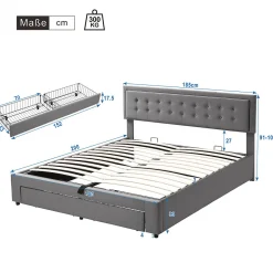 Lit 180x200 cm en velours gris avec grand coffre de rangement et tête de lit réglable, style européen élégant><noscript><img width=