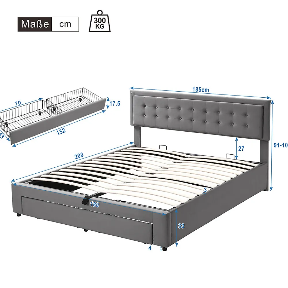 Lit 180x200 cm en velours gris avec grand coffre de rangement et tête de lit réglable, style européen élégant>Redom Sale