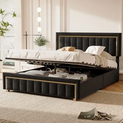 Lit 140x200 cm en velours noir à rayures verticales avec bordure dorée, Design élégant et moderne pour chambre adulte ou ado>ProximaX Outlet