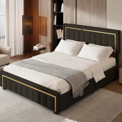 Lit 140x200 cm en velours noir à rayures verticales avec bordure dorée, Design élégant et moderne pour chambre adulte ou ado><noscript><img width=