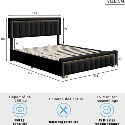 Lit 140x200 cm en velours noir à rayures verticales avec bordure dorée, Design élégant et moderne pour chambre adulte ou ado><noscript><img width=