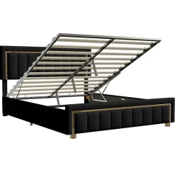 Lit 140x200 cm en velours noir à rayures verticales avec bordure dorée, Design élégant et moderne pour chambre adulte ou ado><noscript><img width=
