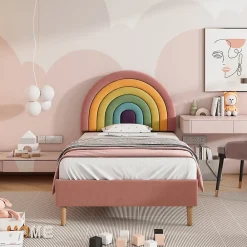 Lit 90x200 cm en velours rose avec tête de lit réglable de 6 cm, sommier 12 lattes et pieds stables, moderne>Redom Sale
