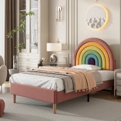Lit 90x200 cm en velours rose avec tête de lit réglable de 6 cm, sommier 12 lattes et pieds stables, moderne><noscript><img width=