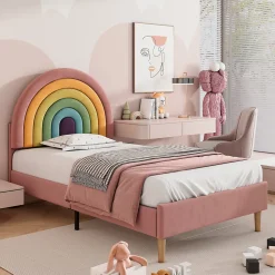Lit 90x200 cm en velours rose avec tête de lit réglable de 6 cm, sommier 12 lattes et pieds stables, moderne><noscript><img width=