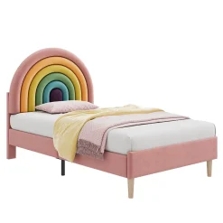 Lit 90x200 cm en velours rose avec tête de lit réglable de 6 cm, sommier 12 lattes et pieds stables, moderne><noscript><img width=