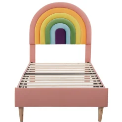 Lit 90x200 cm en velours rose avec tête de lit réglable de 6 cm, sommier 12 lattes et pieds stables, moderne><noscript><img width=