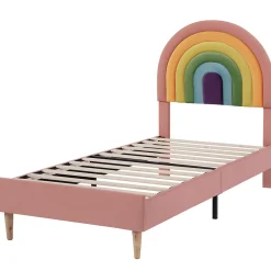 Lit 90x200 cm en velours rose avec tête de lit réglable de 6 cm, sommier 12 lattes et pieds stables, moderne><noscript><img width=