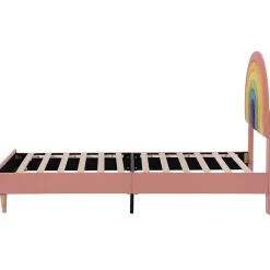 Lit 90x200 cm en velours rose avec tête de lit réglable de 6 cm, sommier 12 lattes et pieds stables, moderne><noscript><img width=