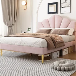 Redom Lit 140x200 cm en velours rose avec tête de lit réglable, pieds métal doré et sommier à lattes bois* Lit Double